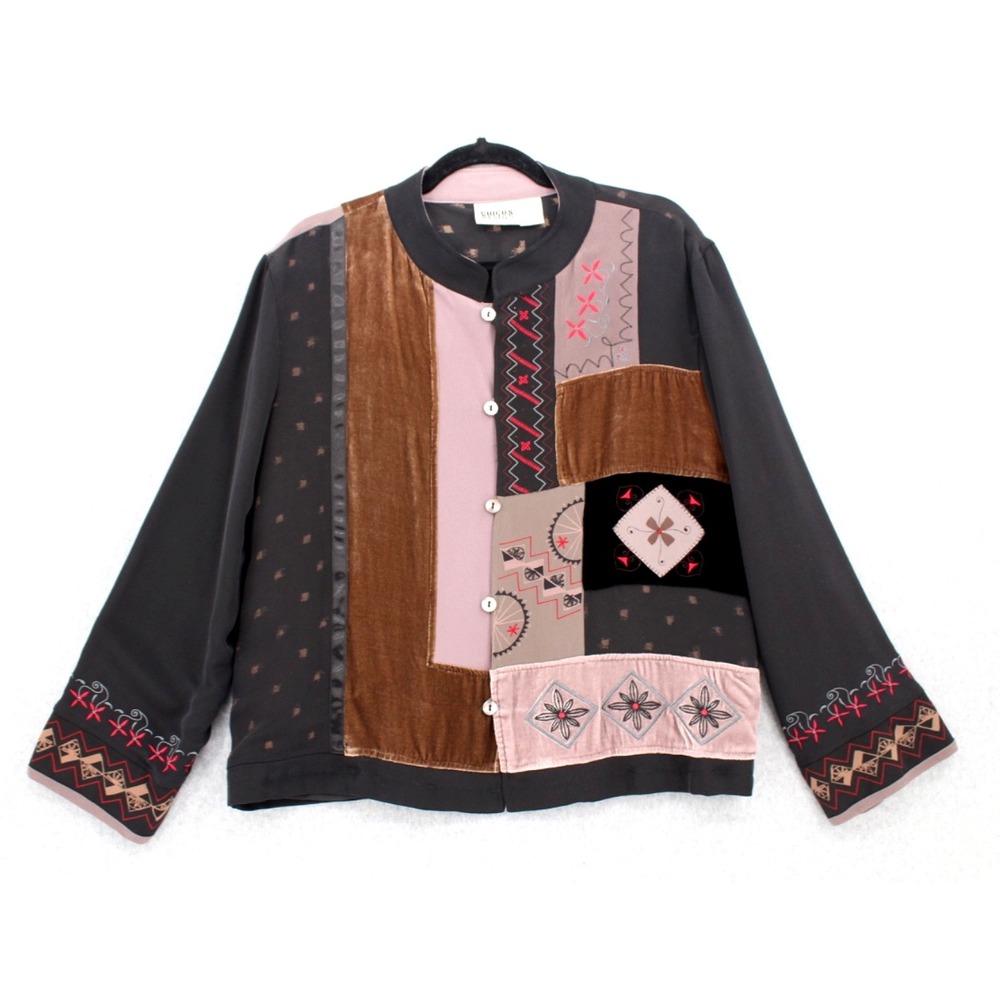 Chico's Patchwork Black Pink Brown Velvet Embroidered Jacket
